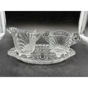 Vintage Pressed Clear Glass Cream and Sugar Set with Oval Underplate Tray 3pc